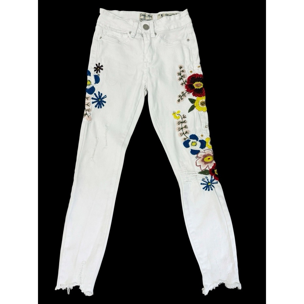 INDIGO REIN White Embroidered Skinny Jeans 23 X 27 Juniors Hippie Festival Boho
